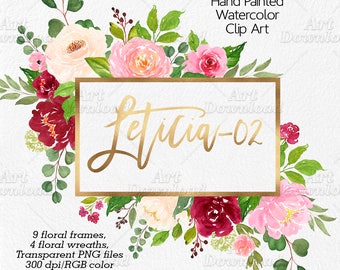 Floral Clipart Frames and Wreaths, Invitation Clip Art, Golden Frame, Floral frame, Leave wreath, Wedding clip art, Watercolor flowers PNG