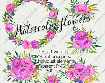 Watercolor Floral Clip Art - Handmade Watercolour clipart, Watercolour Floral Art Collection, Flower clipart,  Bridal shower clip art