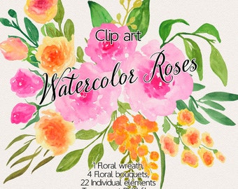 Watercolor Roses - Clipart pink roses, Watercolor flower posies, Hand Painted flowers, Wedding flowers, Digital wreath, DIY Invitations