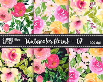 Watercolor floral digital paper - Digital Scrapbook Paper, Floral Patterns, Floral backgrounds, Watercolor flower clip art, Wedding flowers