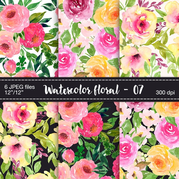 Watercolor floral digital paper - Digital Scrapbook Paper, Floral Patterns, Floral backgrounds, Watercolor flower clip art, Wedding flowers