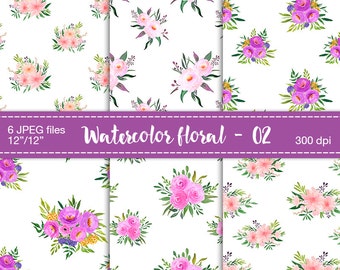 Watercolor digital paper - Floral Scrapbooking Paper, Shabby Chic Scrapbook paper, Floral Background, Watercolor floral,  Commercial use