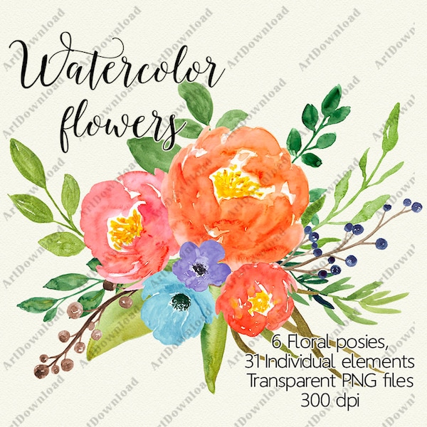 Watercolor floral bouquet clipart - Watercolor flower posies, Hand painted flowers, Digital clip art flowers, Watercolor roses clip art