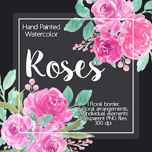 Watercolor flower clipart - Watercolor Roses clip art, Floral border, Digital clipart flowers, Pink floral clipart, Wedding flowers, blossom