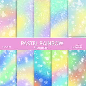 Pastel Rainbow Digital Paper - Galaxy Holographic Background, Pastel Ombre Background, Holographic Circle Bokeh Cloud