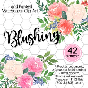 Watercolor Flower Clip Art - Blush Floral Clipart, Watercolor Peony Clipart, Floral Border,  Wreath, For planner stickers, Watercolor Roses