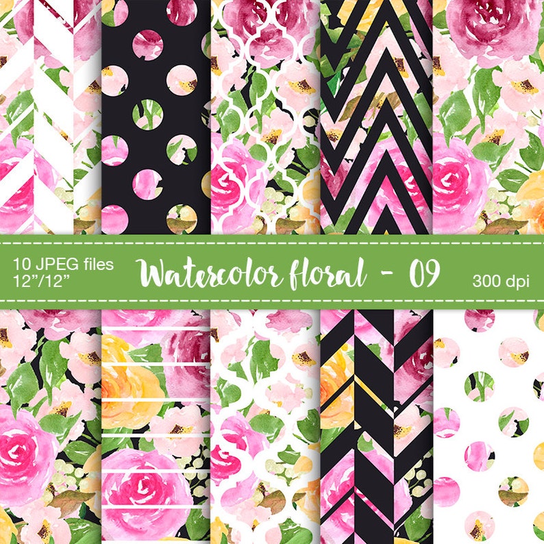Watercolor polkadot digital paper Stripe watercolor digital paper Roses Watercolor Digital Paper Watercolor floral digital papers