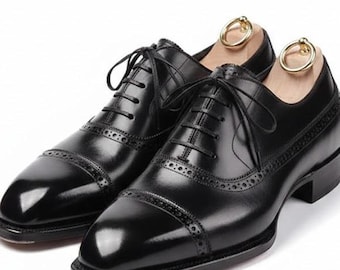 Handmade Men's Luxury Handmade Black Cap Toe Oxford Dress Shoes