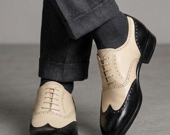 Ręcznie robione męskie buty typu oksford z czarnej, kremowej skóry | Dwukolorowe obuwie Goodyear Welted