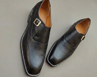 Herren Schwarz Pebble Grain Leder Single Monk Strap Schuhe | Karree Toe Abendschuhe