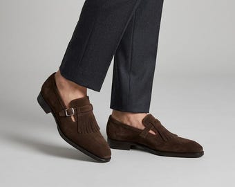Mocassins à franges en daim marron foncé pour homme, faits main | Mocassins à pampilles Kiltie