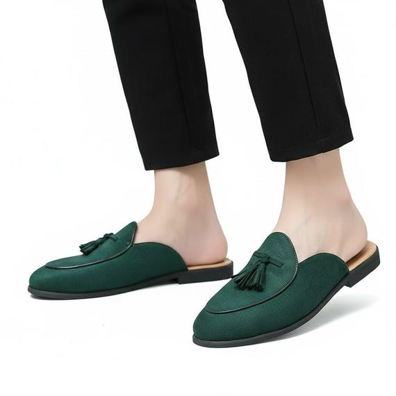 navy blue dress for baby girl Handmade Men's Green Tassel Mule Loafers