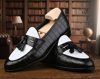 Handmade Black & White Tasseled Shoes, Men Loafers Slip On Formal Dress Shoes