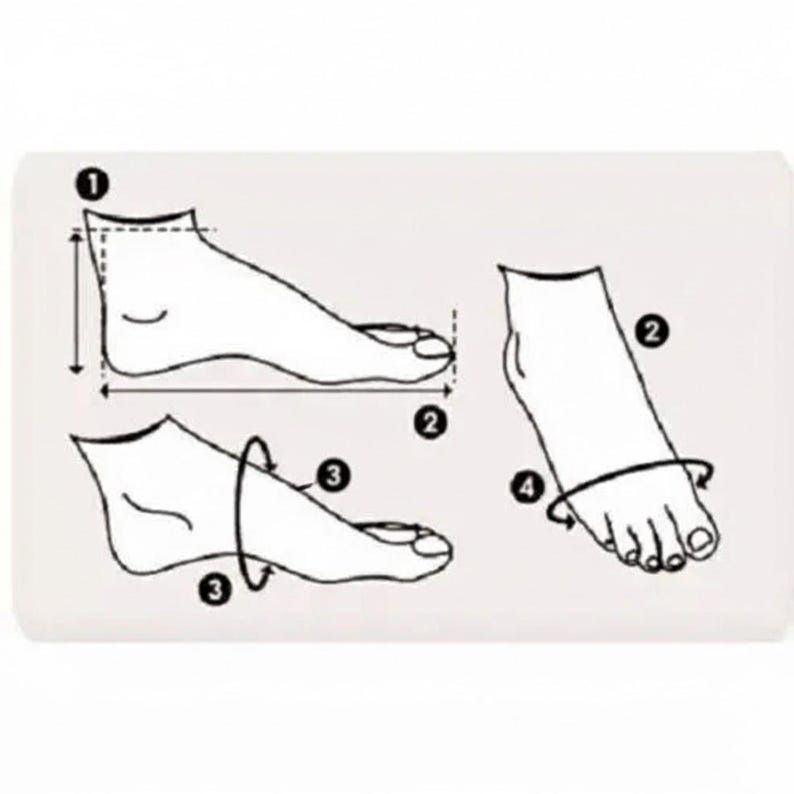 Puede incluir: Gr&aacute;fico rectangular blanco con cuatro ilustraciones de pies, cada una con flechas numeradas que indican los puntos de medici&oacute;n. Las ilustraciones muestran c&oacute;mo medir la longitud, el ancho y la circunferencia del pie para la talla de calzado.