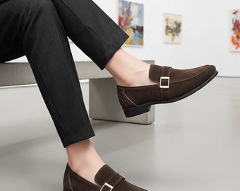Men's Brown Suede Loafers – Classic Buckle Slip-On Shoes