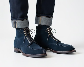 Handmade Men Navy Blue Suede Lace Up Ankle High Boots