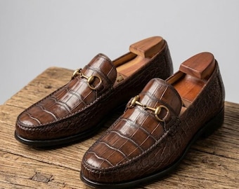 Brown Crocodile Loafers, Mens Horsebit Dress Shoes, Luxury Slip-On Footwear