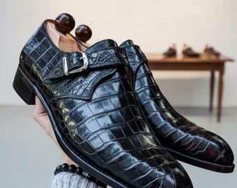Men's Handmade Black Alligator Texture Leather Single Monk Strap Dress Shoe