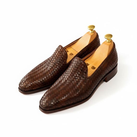 Dark Brown Braided Leather Moccasins - Handmade Men's Dress Loafers for Formal & Casual Wear