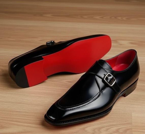 Black Leather Monk Strap Shoes for Men  Elegance With Signature Red Sole |  Terra Hide - Etsy UK