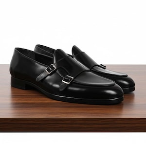 Men's Black Leather Double Monk Strap Loafers - Handmade Slip-On Dress Shoes