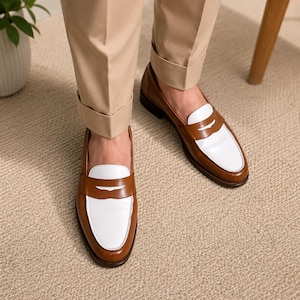 Men's Handmade Two-Tone Leather Penny Loafers - Tan and White Slip-On Leather Shoes