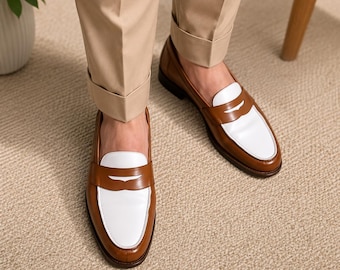 Men's Handmade Two-Tone Leather Penny Loafers - Tan and White Slip-On Leather Shoes