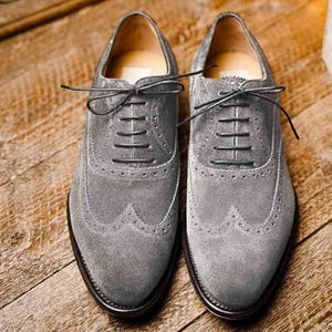 Handmade Men Gray Suede Leather Oxfords Dress Shoes Formal Lace Up Oxfords
