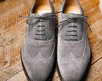Handmade Men Gray Suede Leather Oxfords Dress Shoes Formal Lace Up Oxfords