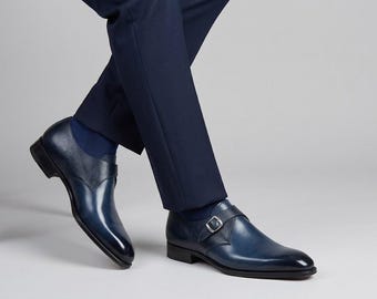 Men's Navy Blue Pebbled Leather Single Monk Strap Dress Shoes – Handmade