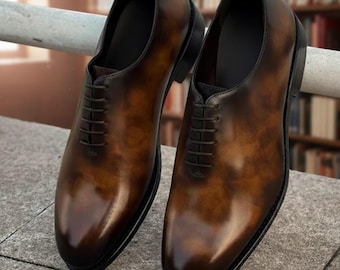 Zapatos Oxford de hombre con pátina manual: zapatos formales de cuero marrón