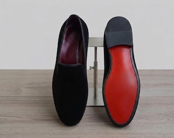 Handmade Men's Black Suede Velvet Loafers - Luxury Smoking Slippers with Red Leather Sole