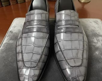 Handmade men shaded Grey crocodile dress shoes, slip on moccasin shoes for mens