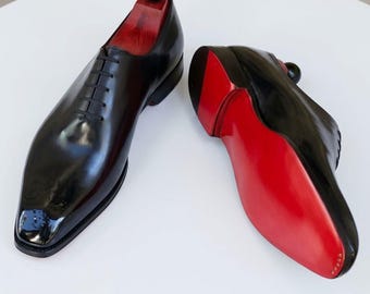 Chaussures Oxford pour homme en cuir noir massif, fabriquées à la main | Chaussures habillées à semelle rouge