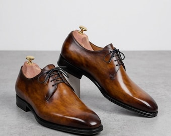 Handmade Men’s Cognac Patina Leather Derby Shoes | Custom Brown Dress Footwear