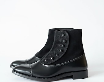 Botas negras con botones para hombre, hechas a mano: botas de vestir de cuero y ante con puntera.