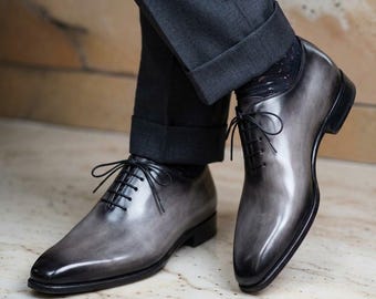 Men’s Charcoal Grey Patina Oxford Shoes – Genuine Leather Dress Shoes