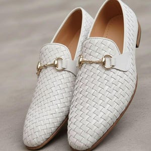 Men’s White Woven Leather Loafers with Horsebit Buckle – Handmade Slip-On Shoes