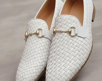 Men’s White Woven Leather Loafers with Horsebit Buckle – Handmade Slip-On Shoes