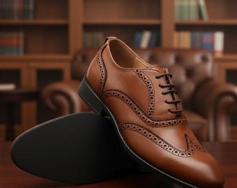 Zapatos Oxford de piel marrón con diseño brogue para hombre: calzado clásico de vestir hecho a mano