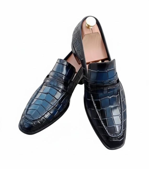 Blue Croc-Embossed Leather Slip-On Loafers Blue Alligator Mules for Men main image 2