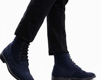 Handmade Navy Blue Suede Lace-Up Ankle Boots for Men – Formal Dress Boots