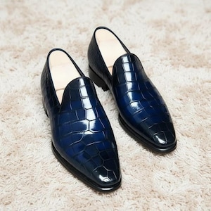 Handmade Leather Blue Moccasins Alligator Texture Formal Dress Loafer Mens Shoes
