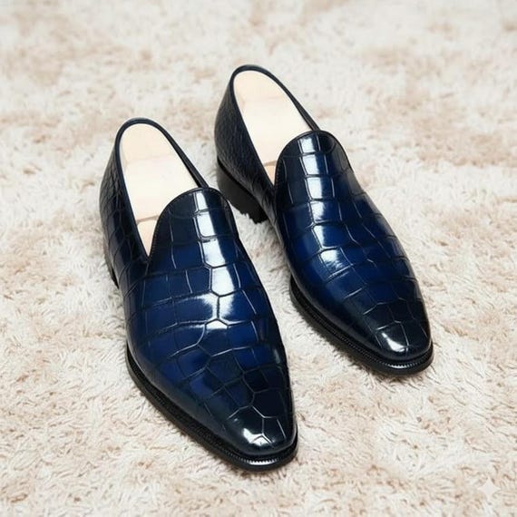 Handmade Leather Blue Moccasins Alligator Texture Formal Dress Loafer Mens Shoes