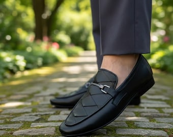 Mocasines negros de piel tejida con hebilla para hombre: zapatos de vestir de lujo hechos a mano