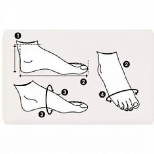 May include: Diagram illustrating foot measurement points. The image shows line drawings of feet with numbered arrows indicating measurement locations for length, width, and circumference. The diagram is on a white background.