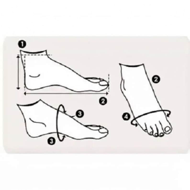 May include: Diagram illustrating foot measurement points. The image shows line drawings of feet with numbered arrows indicating measurement locations for length, width, and circumference. The diagram is on a white background.