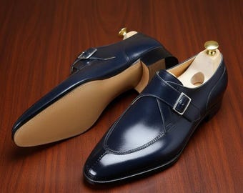 Handmade Formal Navy Blue Dress Shoes Mens Leather Shoes Monk Strap For Men
