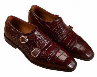 Scarpe da uomo con doppia fibbia e motivo coccodrillo color bordeaux – Calzature eleganti in pelle di lusso