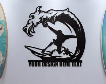 Arte metálico personalizado sobre surf, silueta de surfista para la entrada, regalo de cumpleaños o aniversario, letrero minimalista industrial con temática oceánica, decoración vintage.